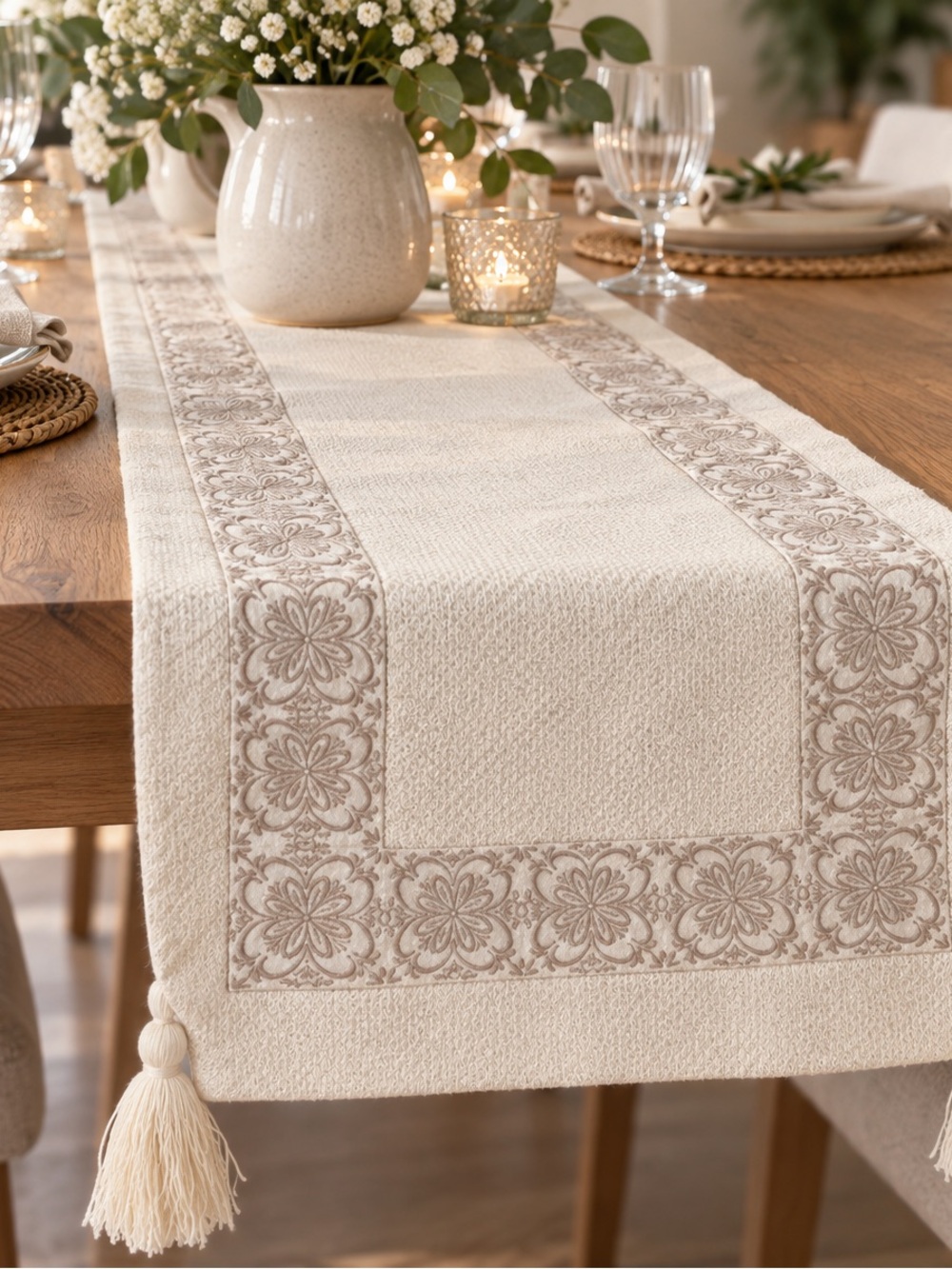 The Farmhouse Rachel Ashwell Embroidered Tassel Table Runner 70x16